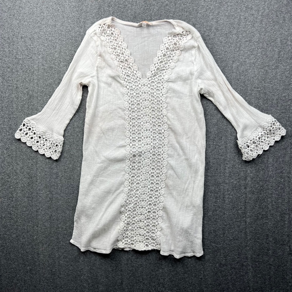 Rise & Bloom Tunic Top Womens XL White Crochet Lace Gauze Boho Bell Sleeve